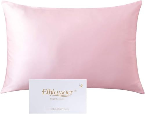 Ethlomoer Taie d'oreiller en soie naturelle pure pour cheveux et peau, 19 Momme des deux côtés, 600 fils/cm², design avec fermeture éclair dissimulée, 1 pièce 40x60cm Rose