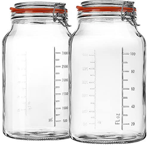 Lot de 2 bocaux en verre à goulot super large avec couvercles à charnière, 4 100 ml, étanches avec couvercles hermétiques et marques de mesure. Grande capacité, robuste pour la mise en conserve,