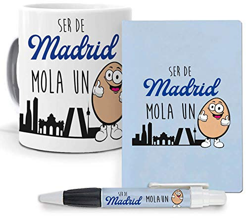 mundohuevo Pack Original y Personalizado para Regalo, con Expresiones y Frases graciosas. Ser de Madrid Mola un Huevo. Libreta, boligrafo y Taza Maxima Calidad.