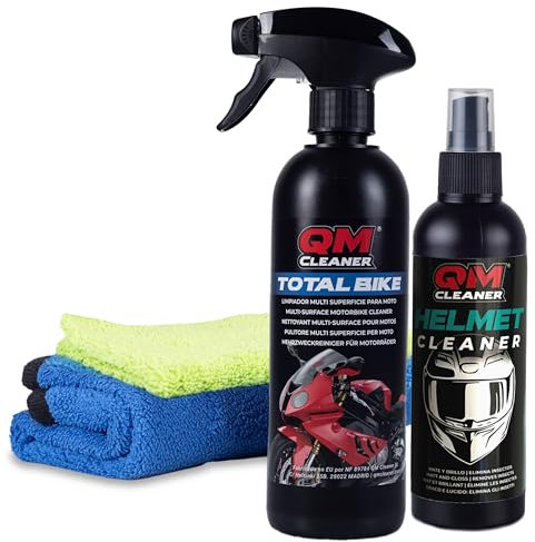 QM Cleaner - Kit d'entretien pour motos et casques - Comprend Total Bike 500ml, Helmet Insect Remover 200ml et 2 Microfibres.
