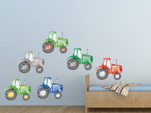 GRAZDesign Wandtattoo Kinderzimmer Junge | Traktor 6 Stück Rot grün grau blau Trecker Bauernhof | Wandsticker Babyzimmer | Wand Deko zum Aufkleben selbstklebend 100x57cm