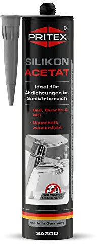 PRITEX – Sanitär Silikon grau 1x 300 ml zum Abdichten & Verfugen – Acetat für Bad, Dusche & WC – wasserdicht, langlebig & schimmelresistent – Fugendichtmasse mit sehr guter Haftung
