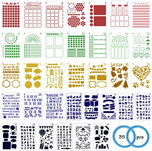 35 Stück Journal Schablonen mit 2 Binderingen, VEINARDYL 12,7x18cm/11x18cm Buchstaben Alphabet Schablone Planer Set Malerei Vorlage Zeichnungsschablone für DIY Handwerk Scrapbooking Tagebuch Notizbuch