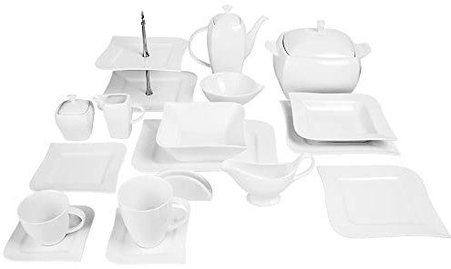 AMBITION Kombiservice 12 Personen Porzellan Welle 104-teilig Tafelservice weiß mit Serviergeschirr und Kaffeebecher geschwungene Form