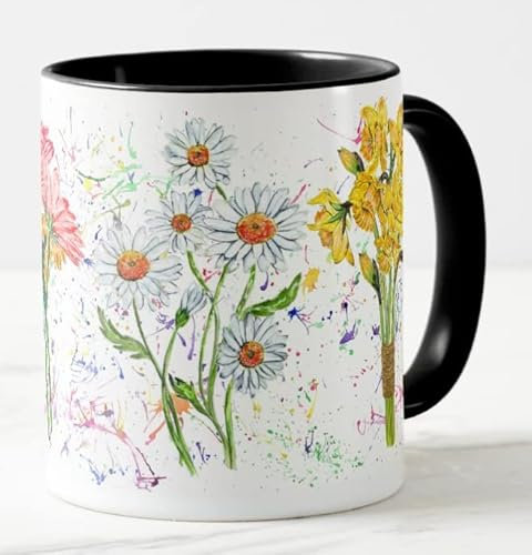 Vixar Taza de colores con diseño de margaritas, girasol, gerbera, narciso, acuarela, regalo de cumpleaños, trabajo, oficina, Navidad, té, café (negro)