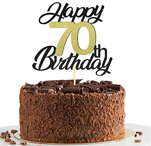 70th Birthday Cake Toppers,Black&Gold Glitter Cake Decorations,Happy 70th Cake Toppers for Men Women Birthday Themed Party,1PC