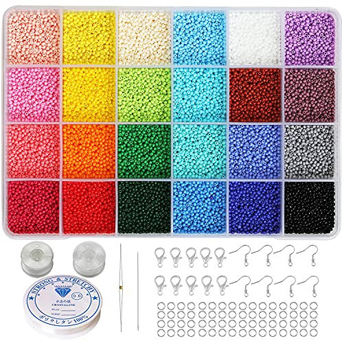 Bala&Fillic 2mm glasperlen Größe fast einheitliche Rocailles Perlen mit Perlenwerkzeug,24 Farben 19200 Stück Farben 12/0 kleine Perlen für Schmuck Selber Machen