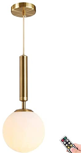 ZOBRO Wireless Battery Operated Pendant with Remote & Dimmable Bulb, Not Hardwired Powered Ceiling Lamp, White Frosted Glass Globe Shade Adjustable Island Light Fixture, Gold, 7.9inch Shade