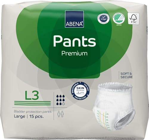 Abena Pants Lot de 15 culottes d'incontinence à enfiler de qualité supérieure pour homme et femme, discrètes, protectrices, respirantes, confortables - Taille L 3, tour de taille 100-140 cm,