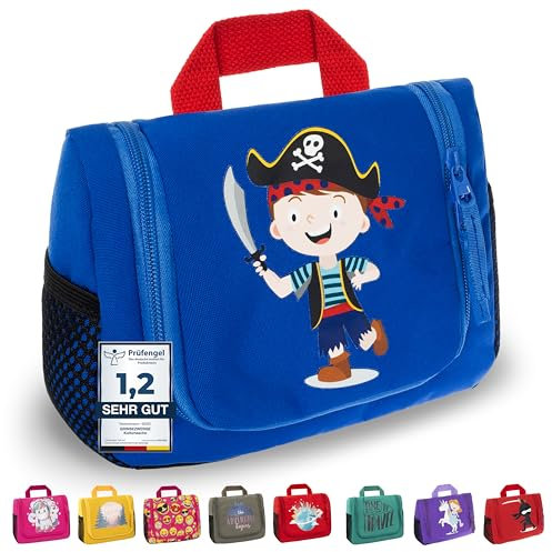 GRINSEZWERGE Kinder Kulturtasche | Reise Kulturbeutel zum Aufhängen | Kosmetiktasche Waschbeutel Waschtasche Reisetasche Schminktasche Kosmetik Beutel Reisezubehör