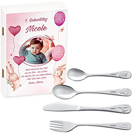 Maverton Kinderbesteck Set mit Gravur + Holzbox mit Aufdruck - mit Tieren - aus Edelstahl - Weiß - Geschenk für Mädchen zum Geburtstag zur Taufe Geburt - Foto 4