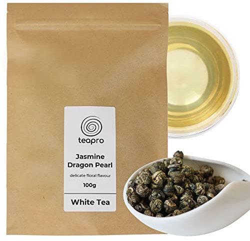 Teapro Jasmine Dragon Pearl White Tea 100g | Premium Phoenix Eye White Loose Leaf Tea | Chinese Tea 100% Natural Floral Scented Hand Rolled | Soothing & Relaxing Jasmine Tea Pearls