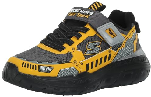 Skechers Boys Sneaker, Charcoal Synthetic/Textile/Yellow Trim, 35 EU