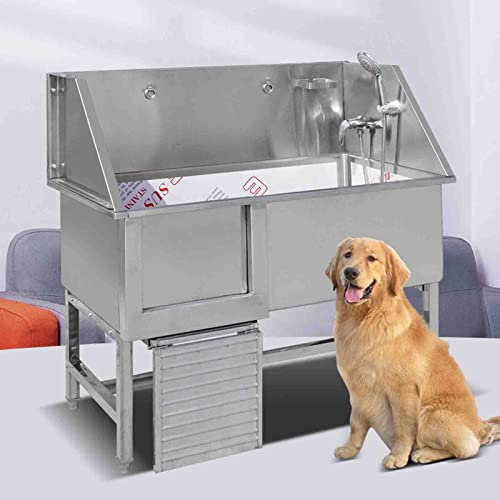 CAULO Hundepflegewanne, Hundepflegebadewanne aus Edelstahl, komplett mit Rampe, Wasserhahn, Sprüher und Ablaufset