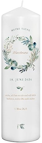 PhotoFancy® - Personalisierte Taufkerze mit eigenem Foto und Namen bedrucken lassen - Tauf-Kerze selbst gestalten - 29 cm Höhe - Design 'Olivenkranz'