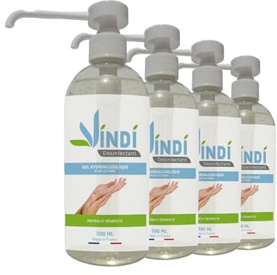 Vindi Désinfectant gel hydroalcoolique - Lot de 4 flacons pompe de 500ml - Fabrication Française - 76% d'alcool - Désinfection des mains - Virucide