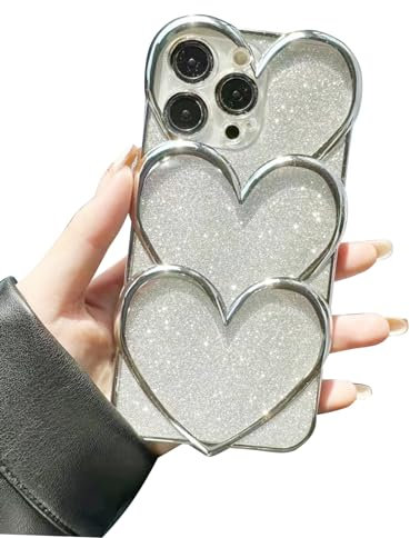 Cutecasee Chrome Case for Women/Girls, Silver Plated Stacked Hearts Bling Glitter Sparkle Phone Case Compatible with iPhone 14 Pro, Silver