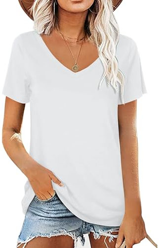 AirMood Womens Summer Tshirts V Neck Casual Short Sleeve Tunic Tops Tees (White,S)