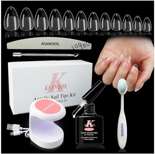 Kit Pose Americaine Ongles, 552 Pcs Capsule Americaine Ongle Amande, Colle Faux Ongles 5 en 1, Lampe UV Ongles Gel Pose Americaine, Limes à Ongles, Acrylique Artificiel Capsules Ongles Kit Manucure