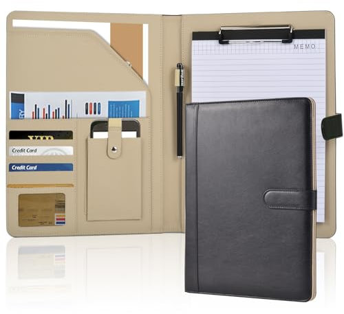 A4 PU Leder Klemmbrett mit A4 Notizblock,Organizer für Handy,Visitenkartenhalter,mit Magnetverschluss,Wasserdicht,Business Mappe für Büro Schwarz