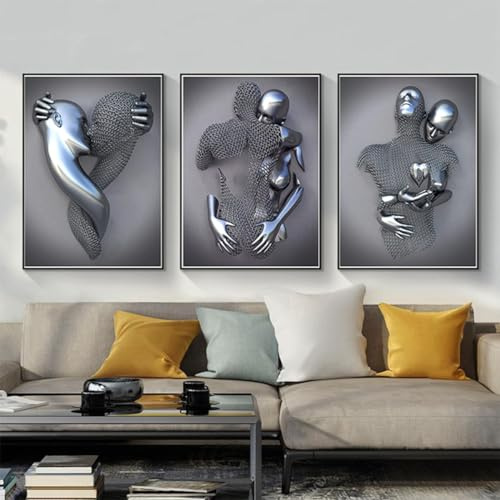 Romantisch Umarmendes Paar Skulptur Poster 3D Liebhaber Skulptur Poster Metall Figur Statue Kunst Leinwand Gemälde - Ohne Rahmen (3pcs-20x30cm,Figur-3)