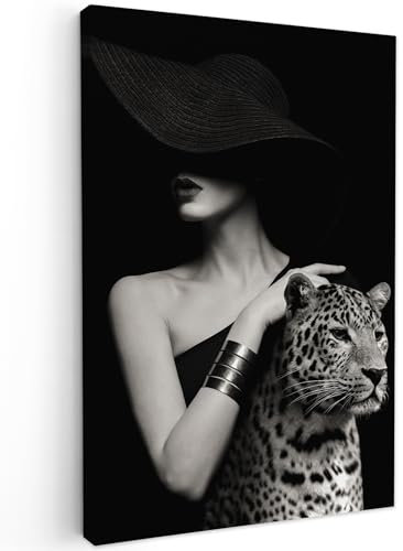 MuchoWow© Impressions sur Toile 80x120 cm Deco Tableau Murale Decoration Salon Peinture Tableaux Chambre Toiles Maison Femme - Vintage - Portrait - Léopard - Noir et blanc