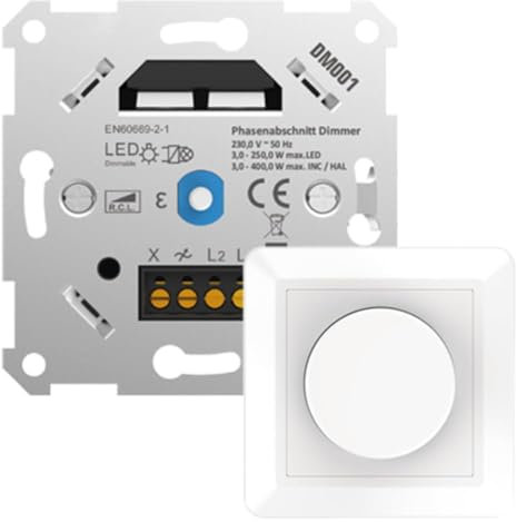NCC-Licht Universaldimmer Weiß für LED 3-250W und Halogen 3-400W, Unterputz Drehdimmer für Lichtschalter
