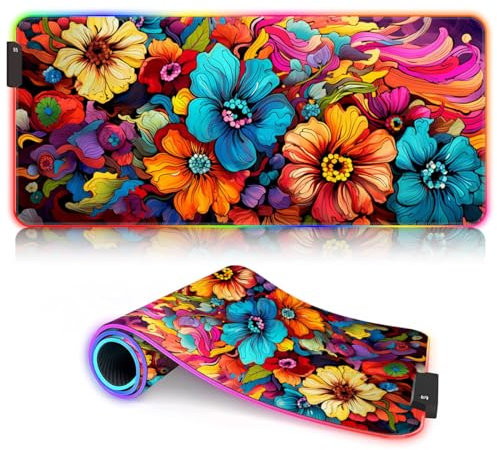 Tapis Souris pour Clavier Tapis Bureau Fleurs Cerisier Vibrantes LED Tapis Souris XXL Tapis Table ROG Grand Tapis Bureau (90x40x0,3) cm Grand Tapis Souris Tapis Souris pour Clavier
