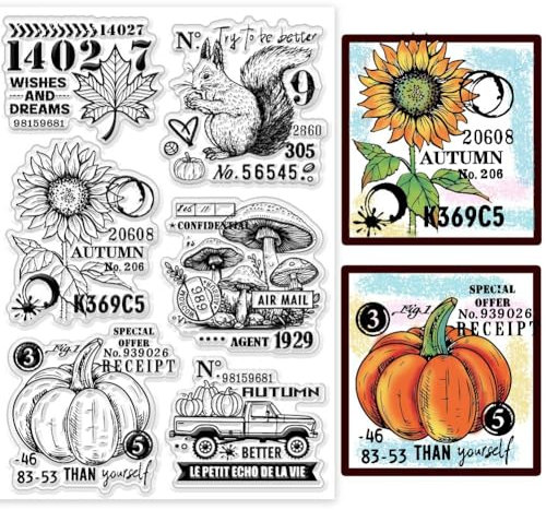 GLOBLELAND Herbst Pilze Klare Stamps Eichhörnchen Sonnenblume Silikon Silikonstempel Siegel Ahornblatt Kürbis Transparent Stempel Für DIY Scrapbooking Kartenherstellung Fotoalbum Journal