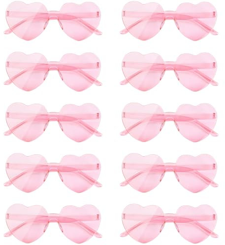 NACHLYNN 10 Paar Herz Sonnenbrille Hellrosa Farben Randlose Herzförmige Sonnenbrille für Damen Transparente Bonbonfarbene Herzbrille für Valentinstag Partygeschenke