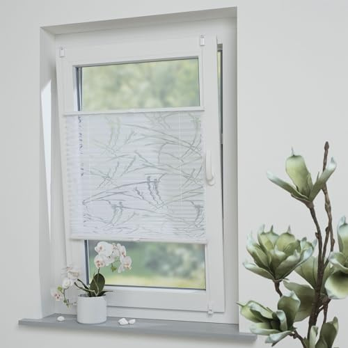 Plissee mit ausgebranntem Motiv Lines, halbtransparent, ohne Bohren oder Schrauben, inkl. Klemmträger, Breite: 65 cm/Länge: 130 cm, Farbe: weiß