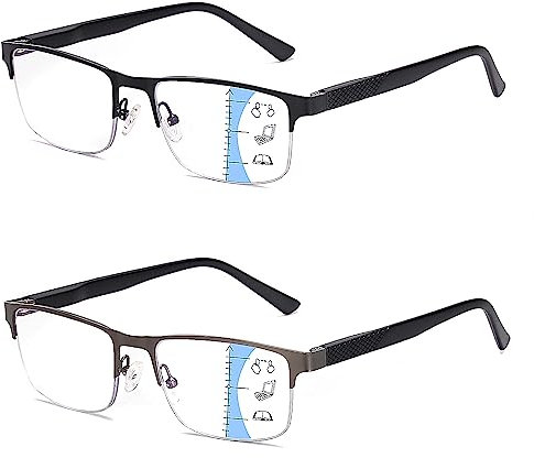 Missfive 2 Pack Gleitsichtbrille Herren Gleitsicht Lesebrille Metall Multifokale Blaulichtfilter Halbrahmen Nahkomfort-Brillen Mit Federscharniere (Schwarz&Gunmetal, Nähe-Mittlere Entfernung, 2.5x)
