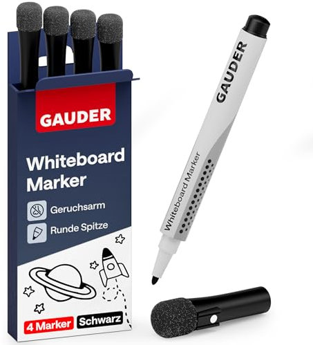 GAUDER Whiteboard Marker Set (4 Stück – schwarz) | Whiteboard Stifte | trocken und rückstandsfrei abwischbar | Dry Erase Marker mit Schwamm ideal für Whiteboards und Magnettafeln