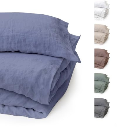 BLUE MOON Bettwäsche 135x200 Leinenbettwäsche [ÖKO-TEX] - 2teilig - 1 Bettbezug 135 x 200 + 1 Kissenbezug 80x80 cm - Leinen Bettwäsche 100% Leinen - Made in EU - Stone Washed - Jeans Denim BLAU