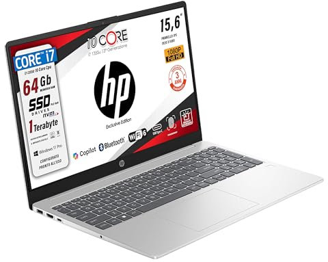 HP 250 G10, notebook pc portatile, Intel Core i7 1355u,13Th, 10Core, Ram 64Gb, SSD 1Tb, 15.6 ips FHD, wi-fi 6, webcam HD, tastiera retroilluminata, fingerprint, Win 11Pro, Garanzia Italia