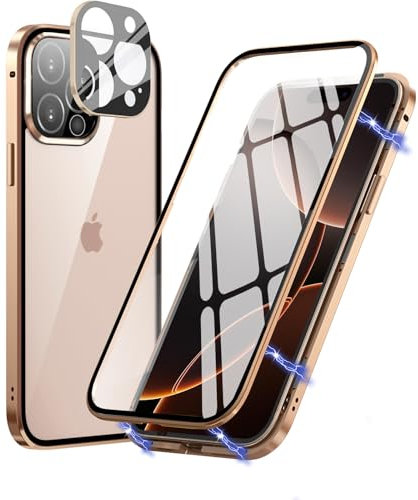 MIMGOAL Hülle für iPhone 16 Pro Max,Magnetische Adsorption Metallrahmen 360 Grad Full Body Handyhülle Vorne hinten Gehärtetes Glas Schutzhülle Einteiliges Dünn Transparente Cover, Titan Wüstensand