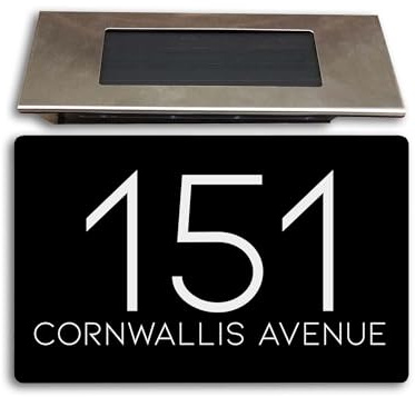 Housics Personalised Solar House Sign LED Door Plaque, Black 280x160mm | Customised address plaque with solar LED light. Weatherproof composite aluminium for outdoor front door wall.
