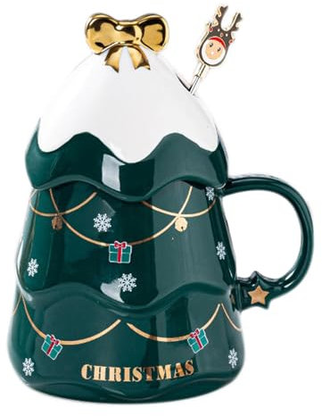 Liemuao Tasse de Sapin de Noël, 550ml Mug Mignonne en Céramique avec Couvercle et Cuillère, Tasse à Café Tasse Kawaii Chocolat Chaud Noel, Christmas Mug Set pour Famille, Ami, Collègue (Vert)