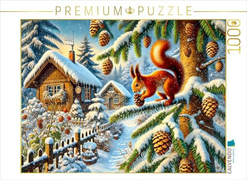 CALVENDO Puzzle Eichhörnchen Holt Sich die Zapfen am Tannenbaum im Winter | 1000 Teile Lege-Größe 64 x 48 cm Foto-Puzzle für glückliche Stunden