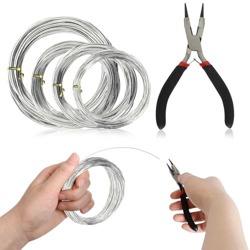 Chudeng 4 Rolls Aluminum Craft Wire and A Pair of Pliers, 3/2/1.5/1mm ×10m Each Sculpting Wire, Bendable Metal Craft Wire for Making Dolls Skeleton DIY Crafts