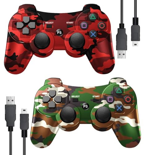 SWCTIM PS3 Controller Wireless 2 Pack,Upgraded Remote Controller for PS3,6-Axis Motion,Double Vibration,USB Charging Cable (Camo Red and Camo Green)