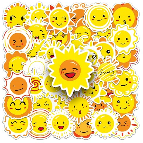 Kleine Sonnen Aufkleber für Jugendliche Erwachsene 50 Stück Sonnen Wasserfeste Vinyl Sticker Set Auto Motorräder Fahrrad Skateboard Snowboard Gepäck Laptop Koffer Helm Motorrad Computer