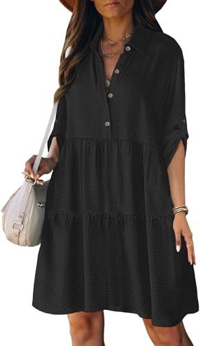 Bsubseach Womens Casual Kleider Button Down 3/4 Ärmel Sundresses A-Line Ruffled Shirt Dress Spring Outfits Schwarz XL