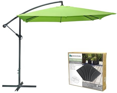 Meublorama Pack Parasol déporté Vert Pomme + Dalle béton – Élégance, Ombre XXL et stabilité assurée