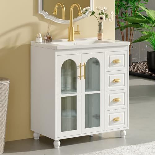 PEFEK Waschtisch mit Unterschrank 80cm, Keramik-Waschbecken, Asymmetrischer Badezimmerschrank mit 2 Glastüren + 3 Schubladen, Waschbecken mit Unterschrank für Bad/Gäste WC (Weiß)