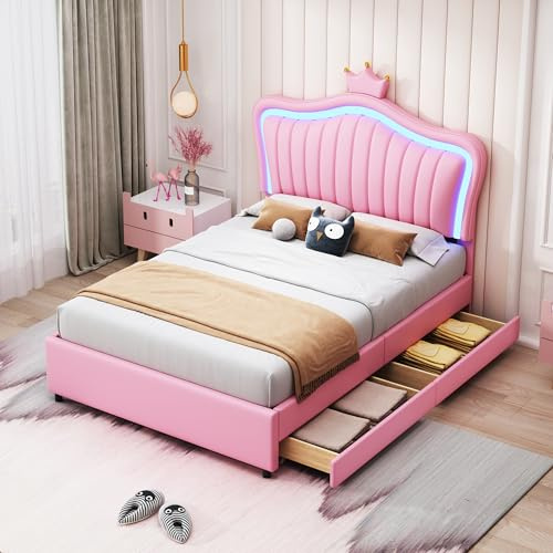 RIAZOS Kinderbett Polsterbett 90x200, Bettgestell für Mädchen mit LED verstellbares Kopfteil, Kronen-Einzelbett aus PU-Leder mit Lattenrost und 2 Schubladen, Rosa, ohne Matratze
