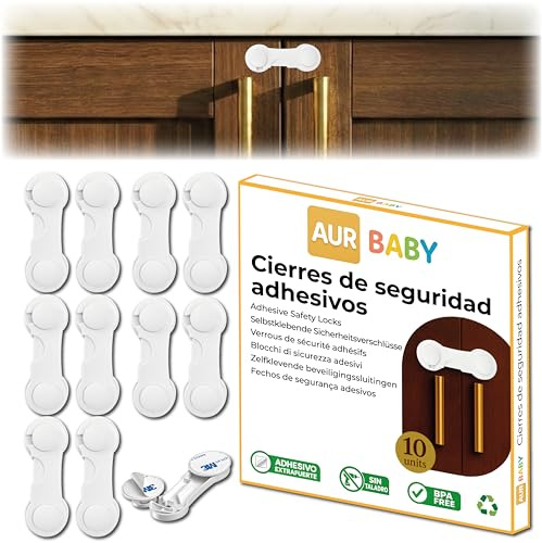 AURBABY Pack 10 | Cierre Seguridad Cajones Bebe y Seguro Puertas Bebe | Seguridad Puertas Niños sin Taladro con Adhesivo 3M