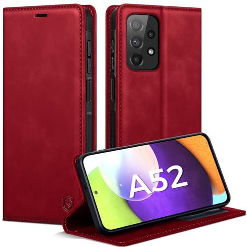 AIMOYU Handyhülle für Samsung Galaxy A52/A52S 5G/4G Hülle, Premium Lederhülle Flip Case Magnet Tascher Kartenfach Standfunktion Klapphülle Schutzhülle für Samsung A52/A52S, Rot
