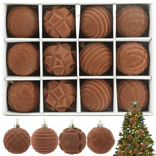 Samt-Weihnachtsschmuck, 12 Stück, 6, 1 cm, bruchsicher, beflockte braune Kugeln, hängende Baumdekoration für Weihnachten, Weihnachtsbaumschmuck