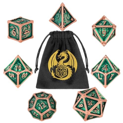 DND Metall Drache Würfel Set, 7-teiliges Polyedrisches Metall Würfel, Grün | DND Metall Würfelset, Rollenspiel Brettspiel Zubehör, D&D Geschenke, D20, D12, 2 D10 (00-90 und 0-9), D8, D6, D4, mit Tasche